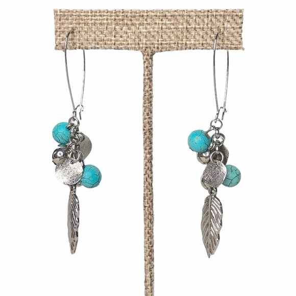 Faux Turquoise and Silver Feather Cluster Earrings - Picture 2 of 6